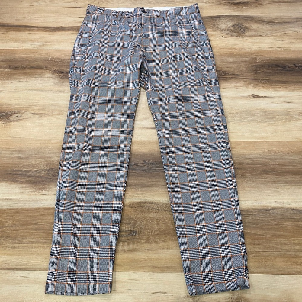 Zara Man Trousers Size 32 Glen Check Plaid Slim Fit Chino Pants Grey Orange